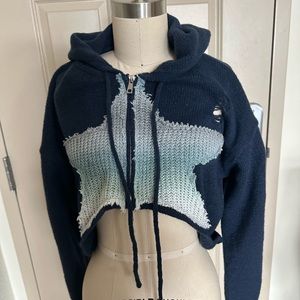 Cropped, distressed, 2-zipper star hoodie.